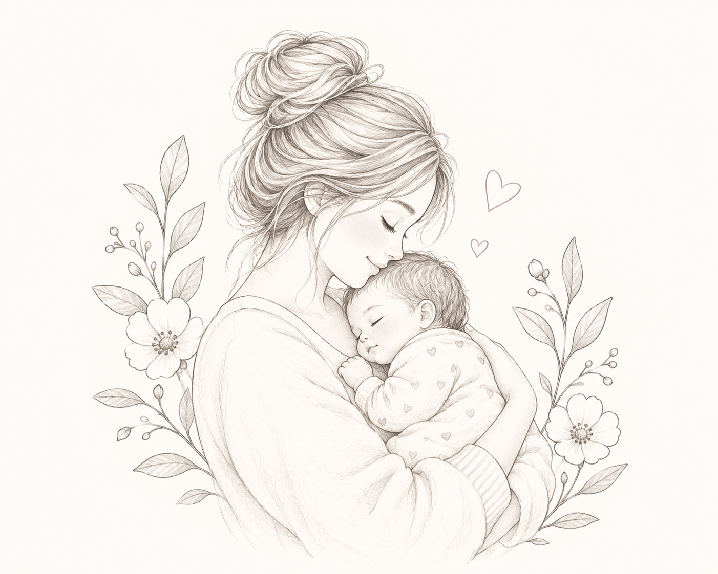 Ilustración de una mamá abrazando a su bebé entre flores